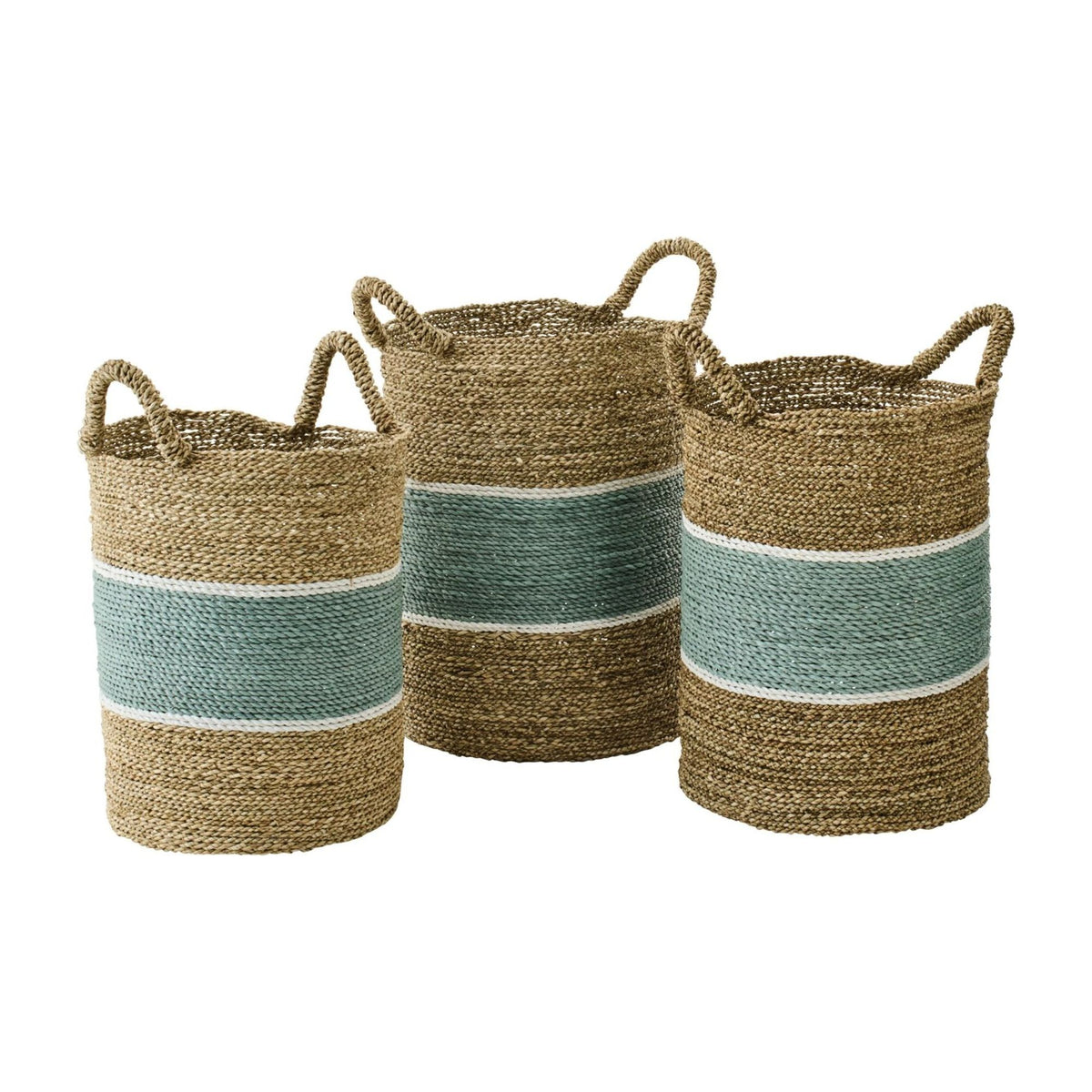 Cesti a righe in erba marina naturale/turchese, set di 3 J-Line