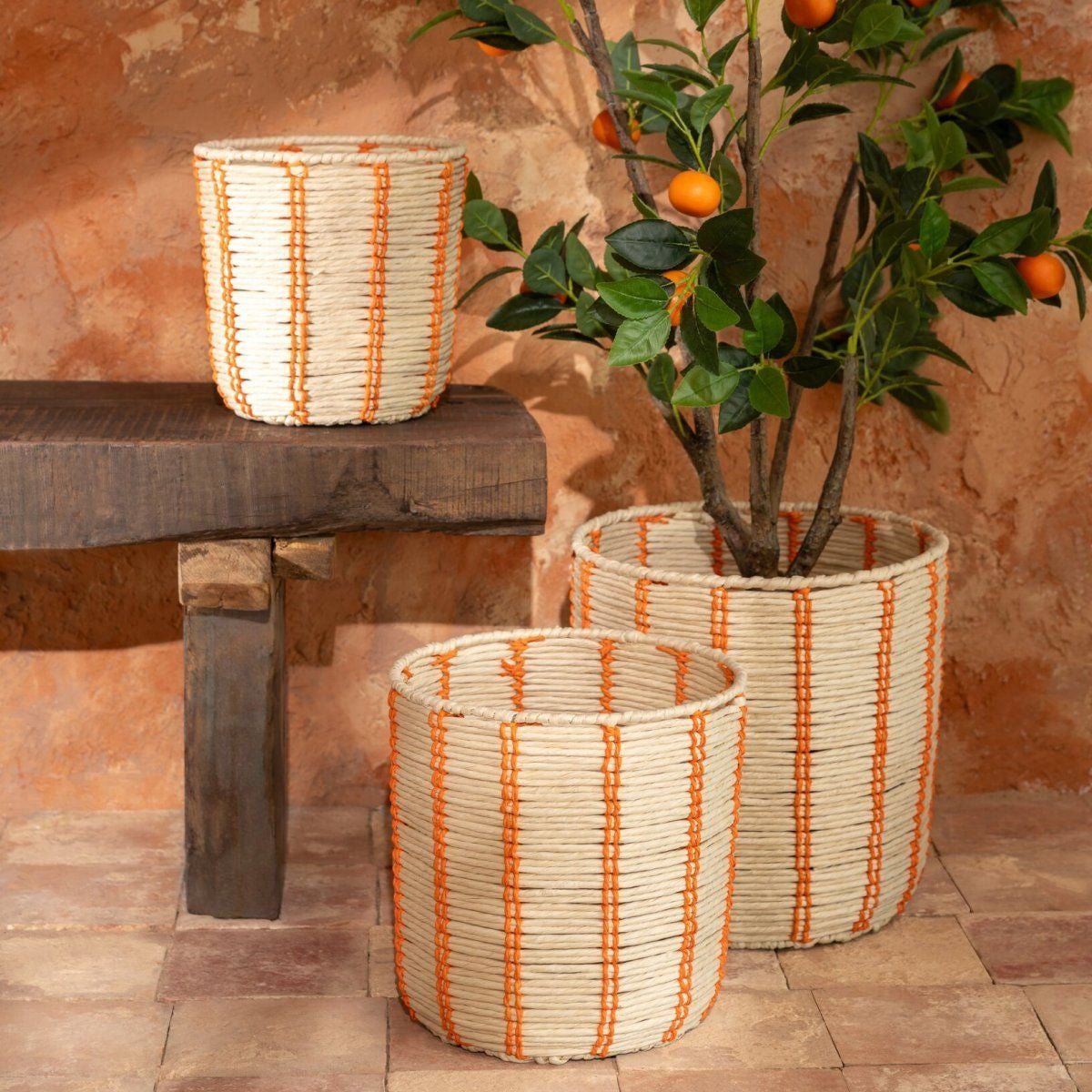 Cesti Rotondi in Carta Rigata Naturale/Arancione Set da 3 J-Line