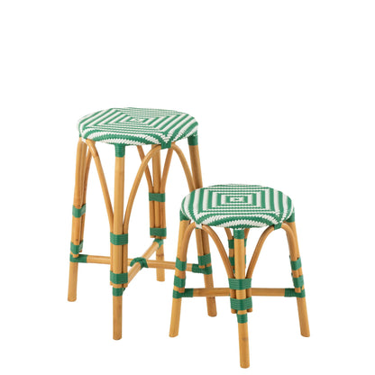 Sgabello da esterno Barkruk Live rotondo in rattan verde/bianco J-Line