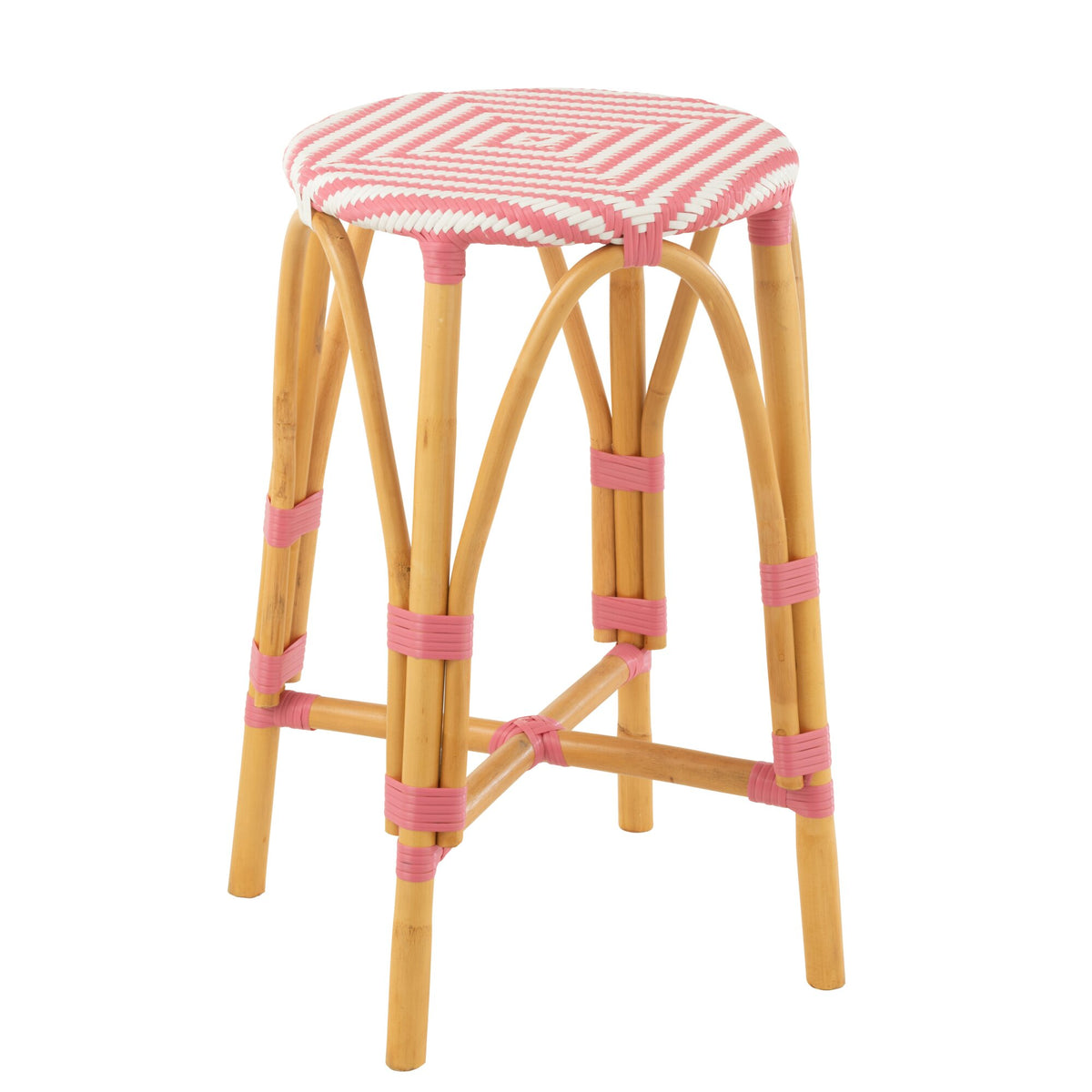 Sgabello da esterno Barkruk Live rotondo in rattan rosa/bianco J-Line