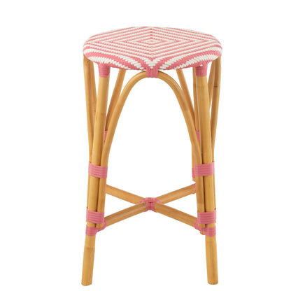 Sgabello da esterno Barkruk Live rotondo in rattan rosa/bianco J-Line