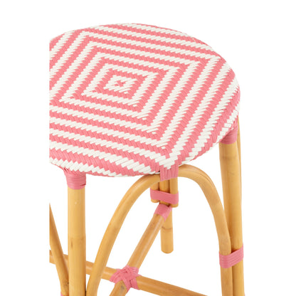 Sgabello da esterno Barkruk Live rotondo in rattan rosa/bianco J-Line