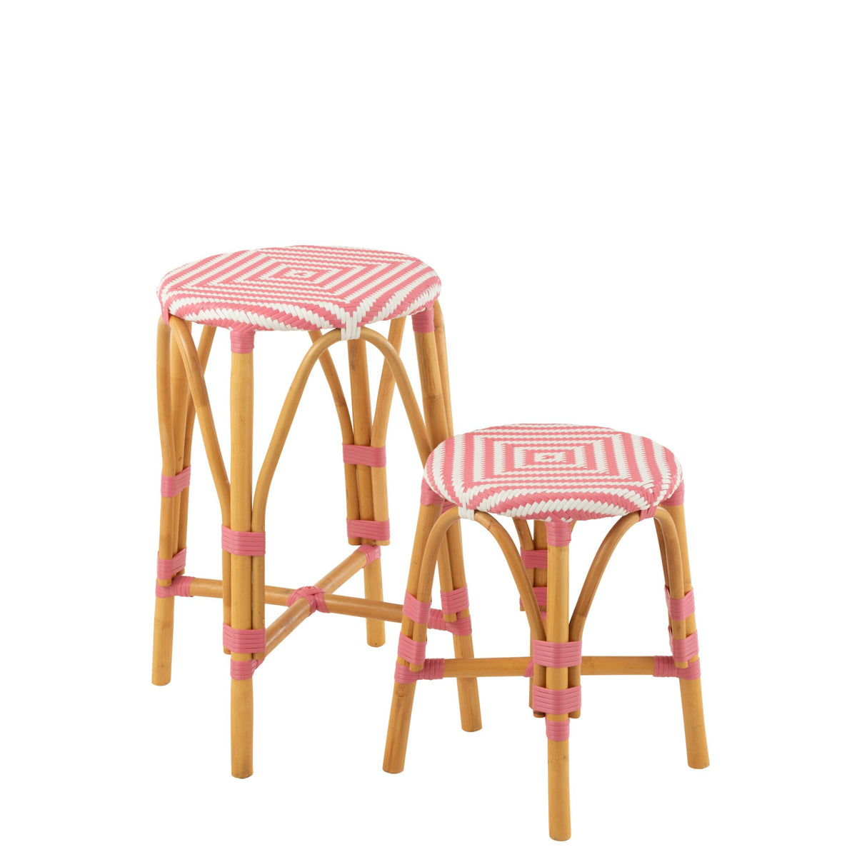 Sgabello da esterno Barkruk Live rotondo in rattan rosa/bianco J-Line