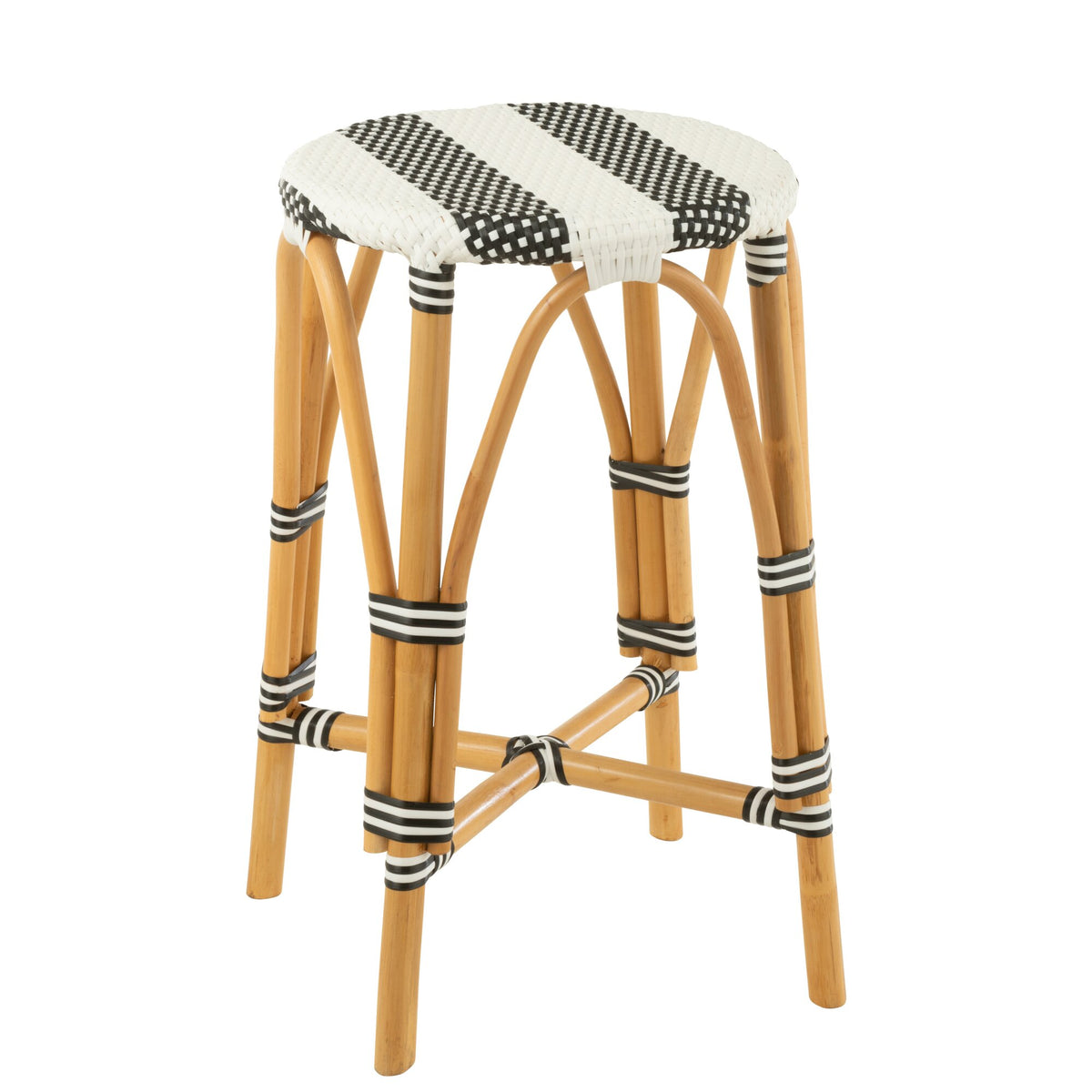 Sgabello da esterno Barkruk Live rotondo in rattan nero/bianco J-Line