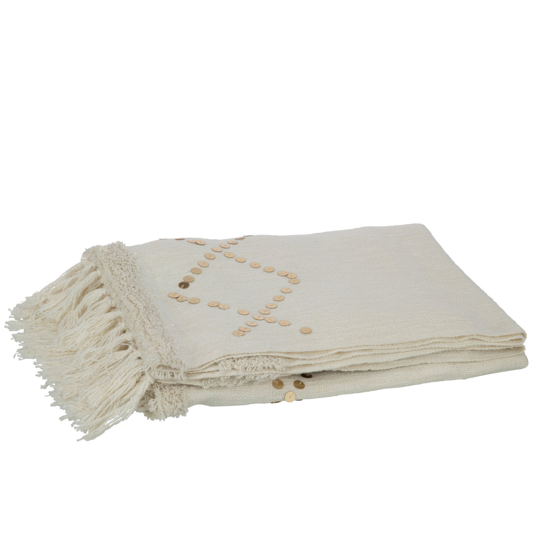 Plaid con strass + frange in cotone/paillettes bianco/oro