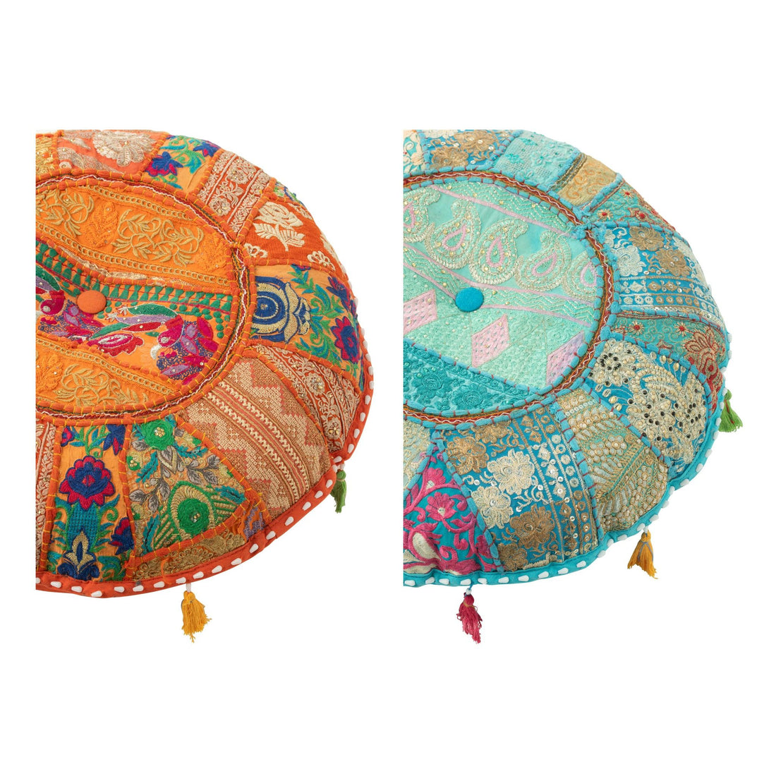Pouf Rotondo Basso Motivi + Nappe Cotone Arancione/Blu Set di 2 J-Line