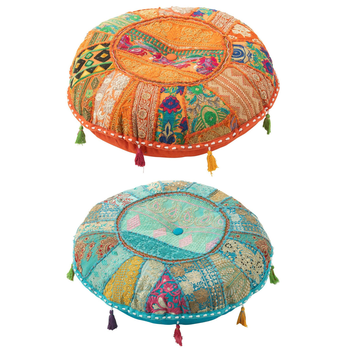 Pouf Rotondo Basso Motivi + Nappe Cotone Arancione/Blu Set di 2 J-Line