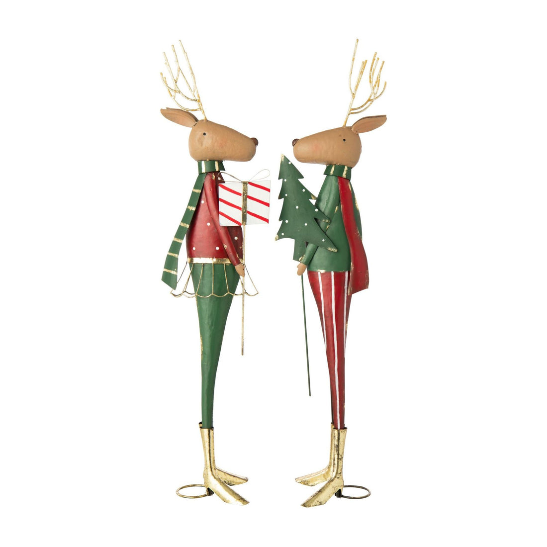 Renna con albero di Natale e regalo in metallo rosso/verde scuro assortimento di 2 J-Line