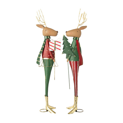Renna con albero di Natale e regalo in metallo rosso/verde scuro assortimento di 2 J-Line