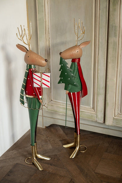 Renna con albero di Natale e regalo in metallo rosso/verde scuro assortimento di 2 J-Line