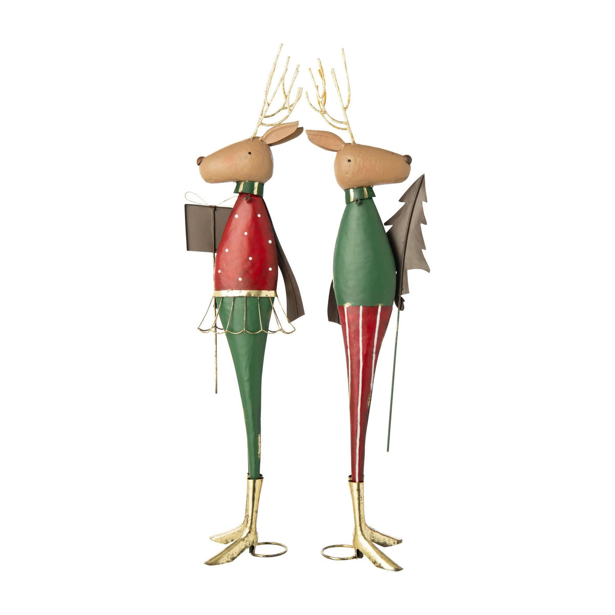 Renna con albero di Natale e regalo in metallo rosso/verde scuro assortimento di 2 J-Line