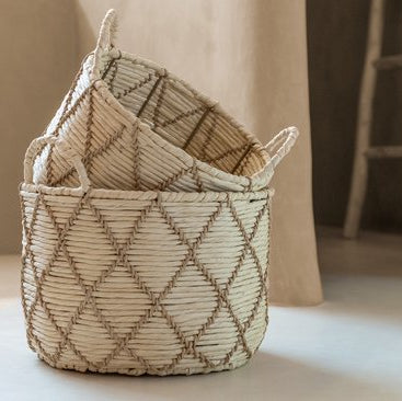 Set di 3 cesti rotondi con manico in carta a quadretti naturale/beige J-Line