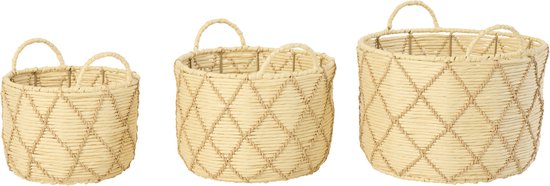 Set di 3 cesti rotondi con manico in carta a quadretti naturale/beige J-Line