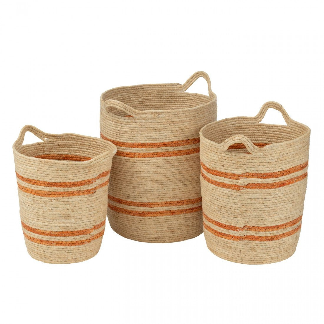 Set di 3 cesti a righe + manico Mais Naturale/Arancione J-Line