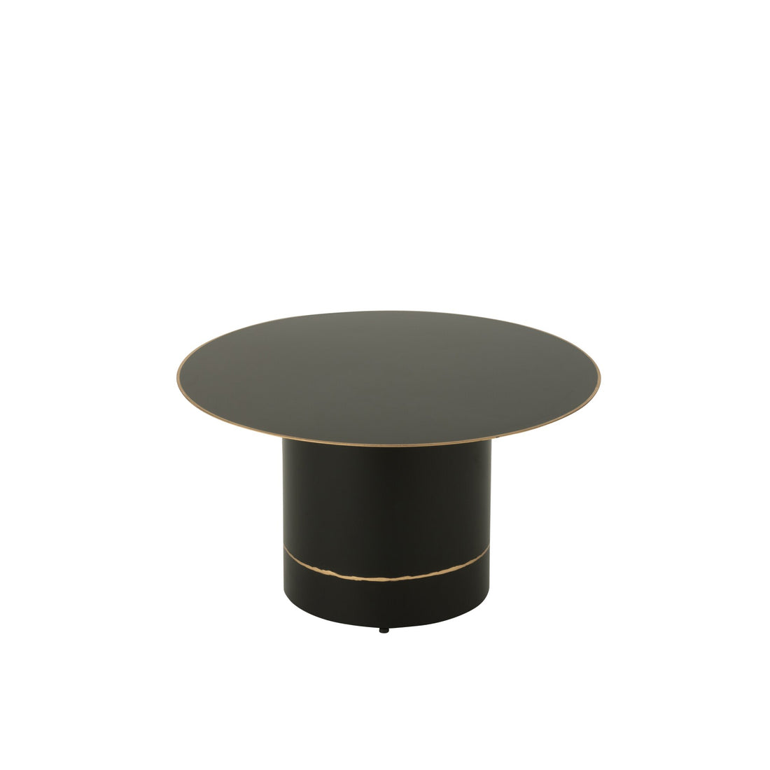 Tavolino da salotto con base cilindrica, bordo dorato, piano rotondo in ferro nero/color oro, piccolo, J-Line