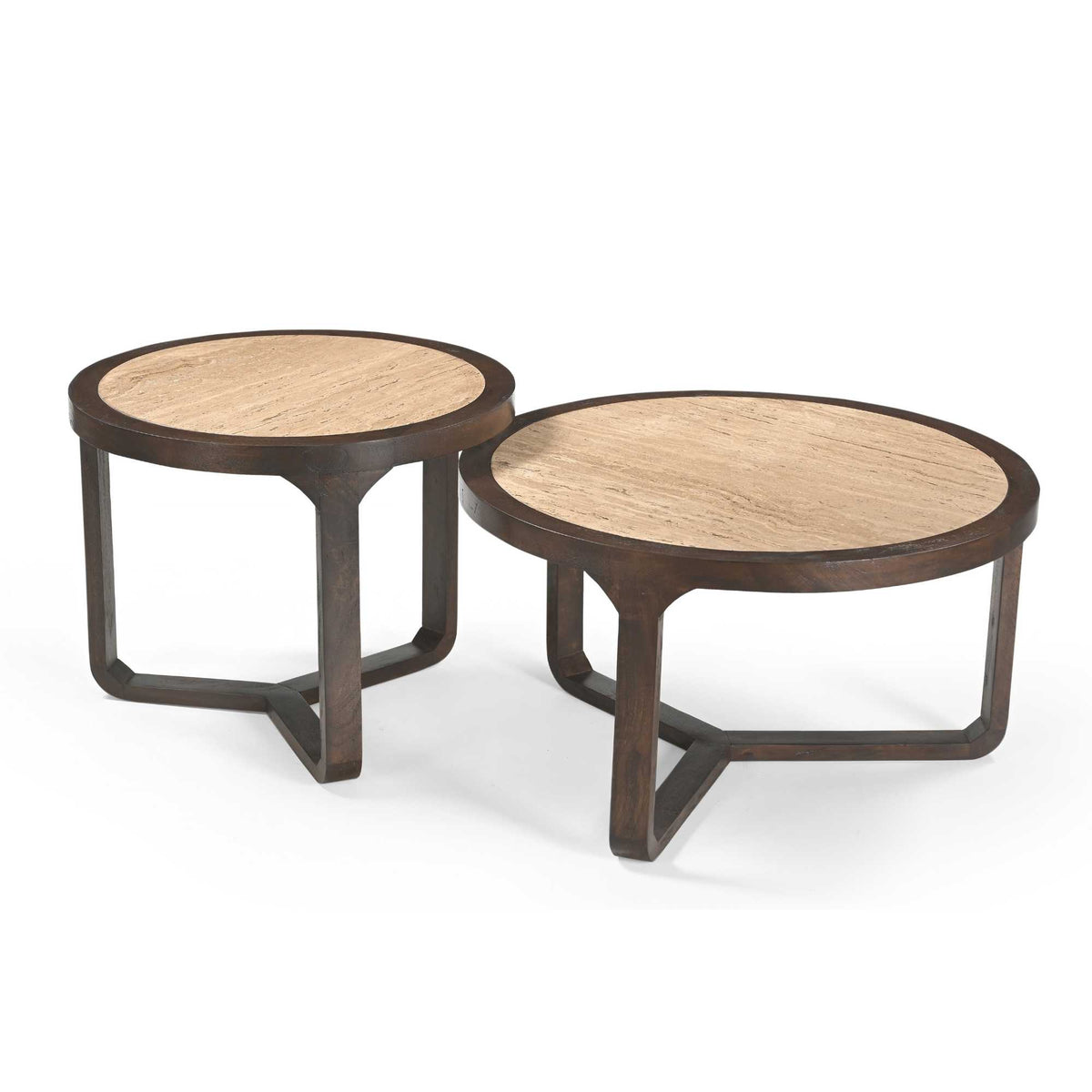 Salontafel Morris Travertin Ø75cm naast de bijpassende Morris bijzettafel van Starfurn