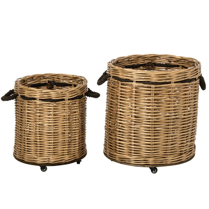 Set di 2 Vasi da Piante con Ruote Rotondi in Vimini Naturale/Greige J-Line