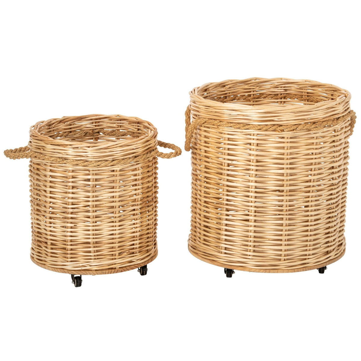 Set di 2 Vasi da Piante con Ruote Rotondi in Vimini Naturale J-Line