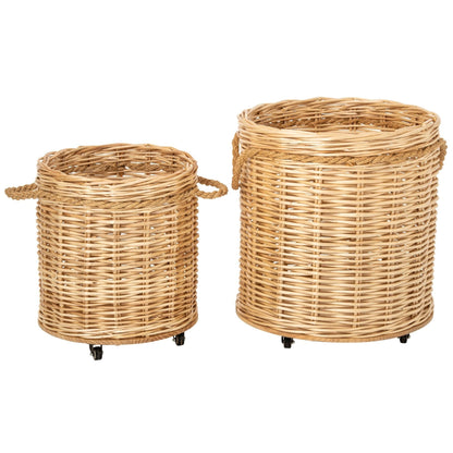 Set di 2 Vasi da Piante con Ruote Rotondi in Vimini Naturale J-Line