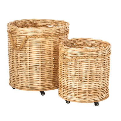 Set di 2 Vasi da Piante con Ruote Rotondi in Vimini Naturale J-Line