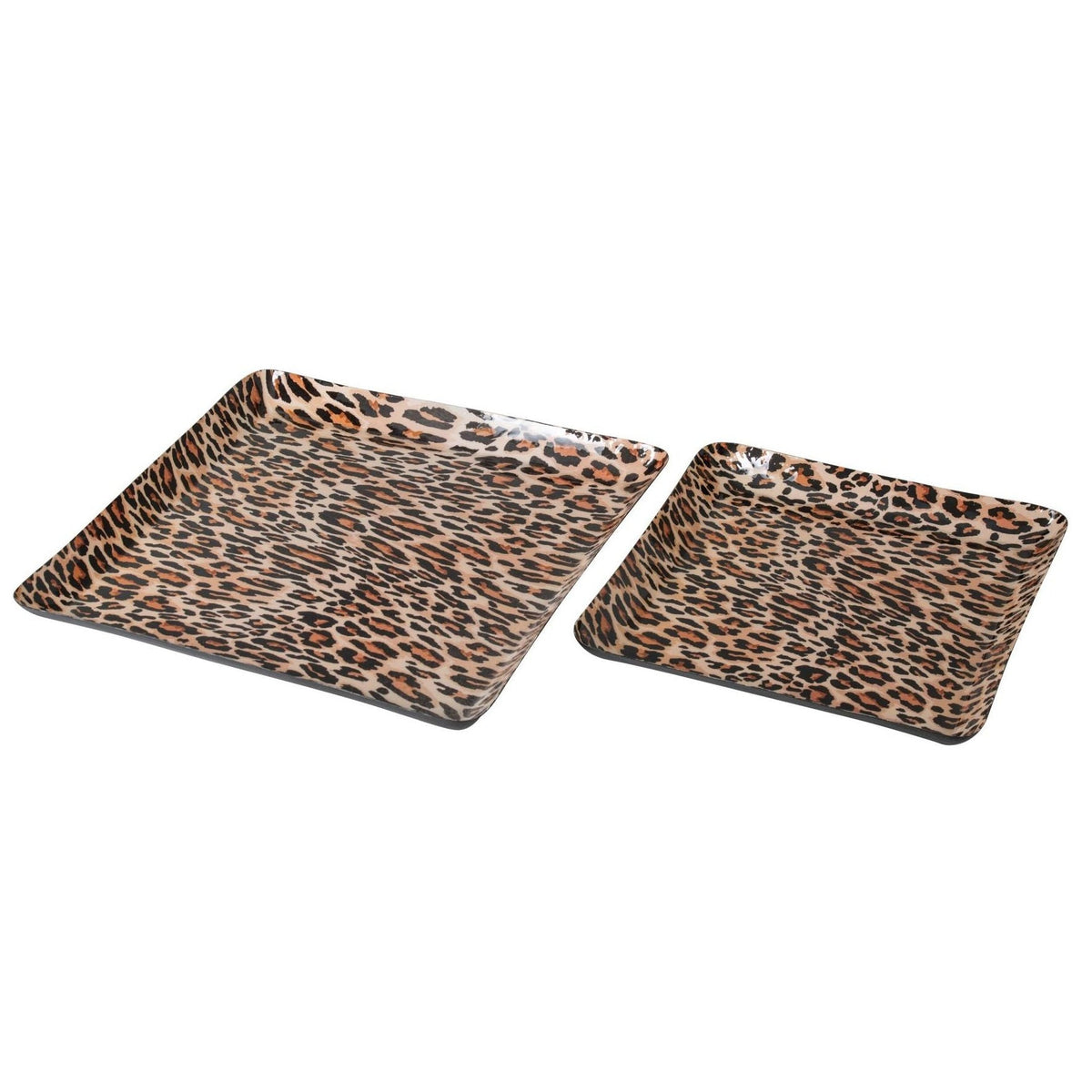 Set di 2 vassoi Leo quadrati stampa pantera in metallo caramello/nero J-Line