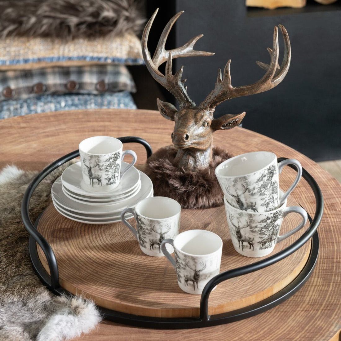 Set di 2 Vassoi Rotondi MDF/Ferro Naturale/Nero J-Line