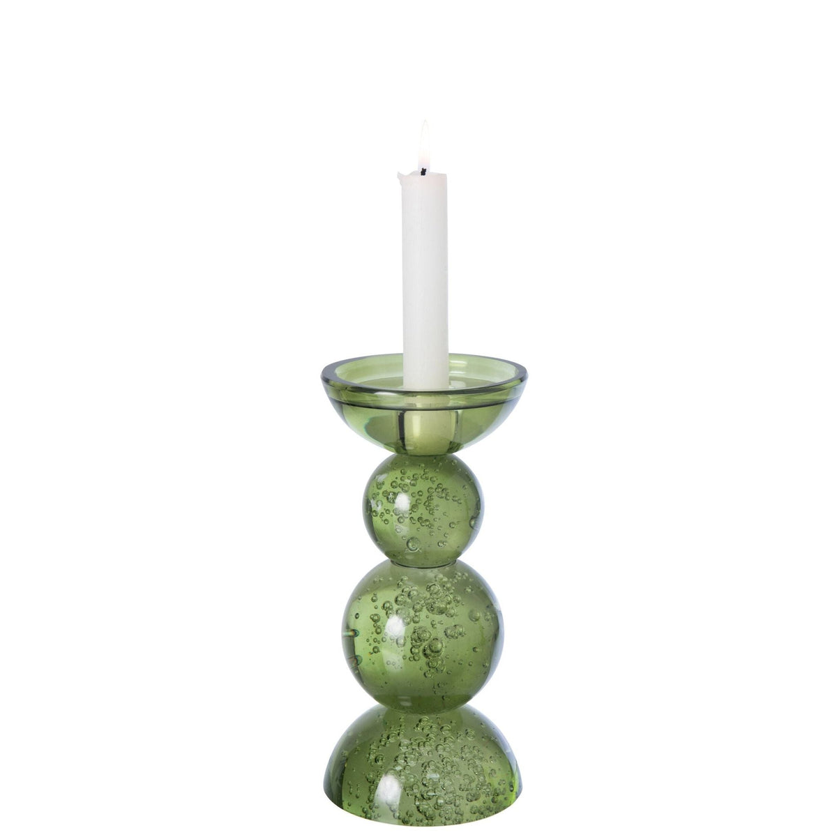 Kleine kandelaar van olijfgroen glas uit de J-Line set, 21cm hoog