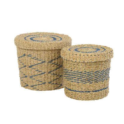 Set di 2 Cesti + Coperchio Rigati Carta Naturale/Blu J-Line