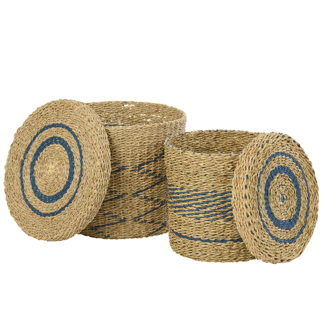 Set di 2 Cesti + Coperchio Rigati Carta Naturale/Blu J-Line