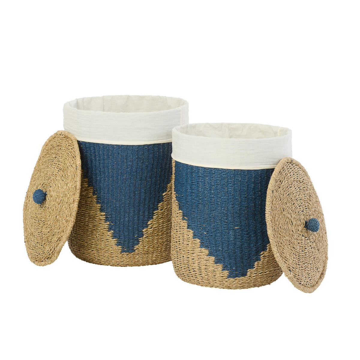 Set di 2 Cesti + Coperchio in Carta Naturale/Blu J-Line