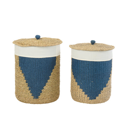 Set di 2 Cesti + Coperchio in Carta Naturale/Blu J-Line