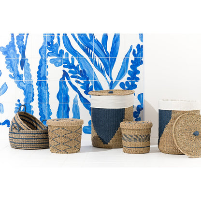 Set di 2 Cesti + Coperchio in Carta Naturale/Blu J-Line