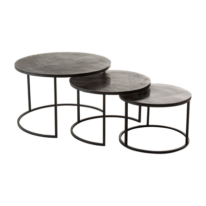 Set di 3 tavolini rotondi in alluminio ossidato/ferro nero anticato J-Line