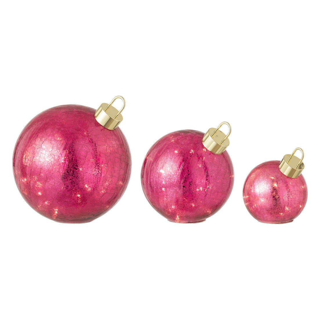 Set Van 3 Kerstballen Led Glas Donkerroze van J-Line, de complete set met alle drie de kerstballen naast elkaar op witte achtergrond
