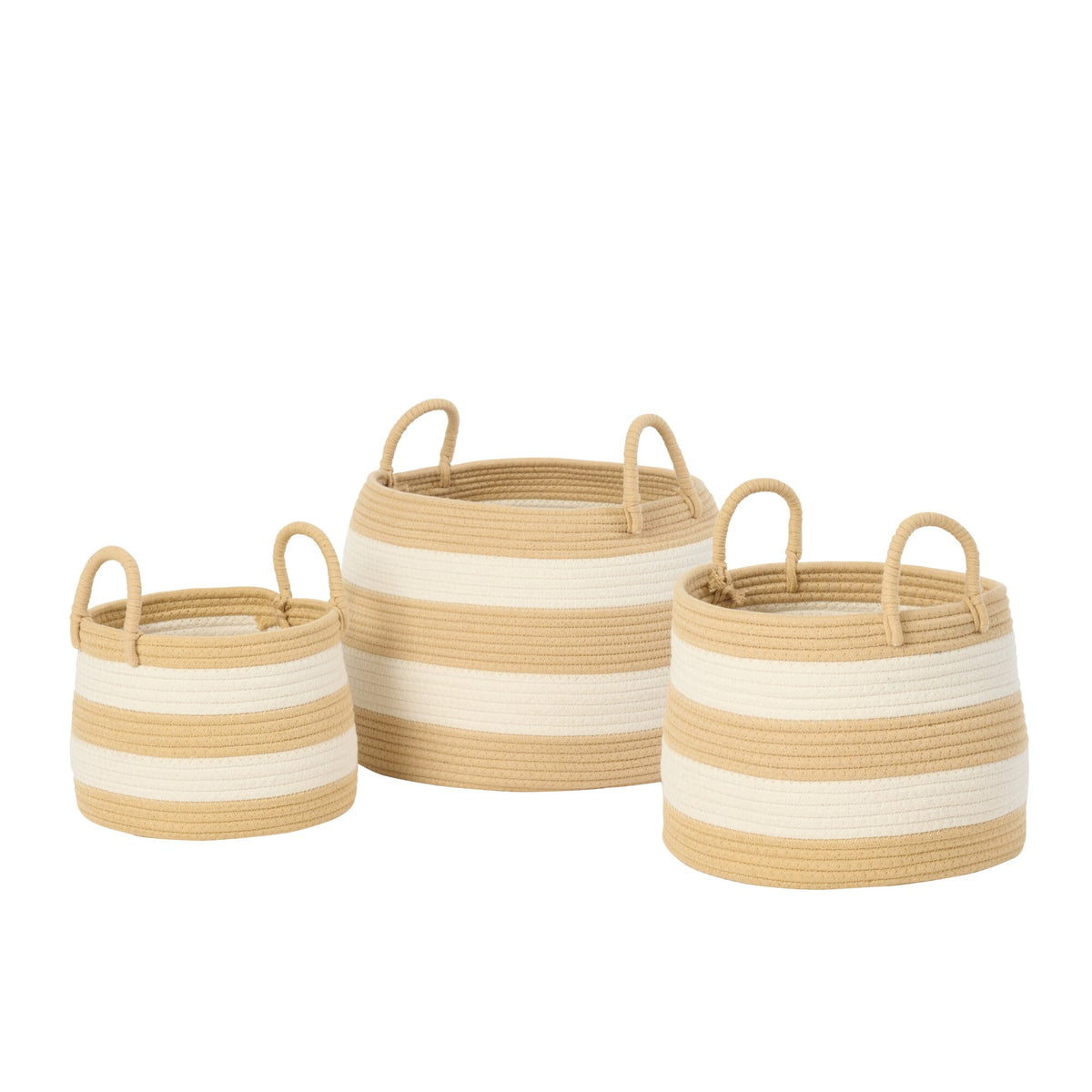 Set di 3 cesti con manico rotondi a righe in poliestere naturale/bianco J-Line