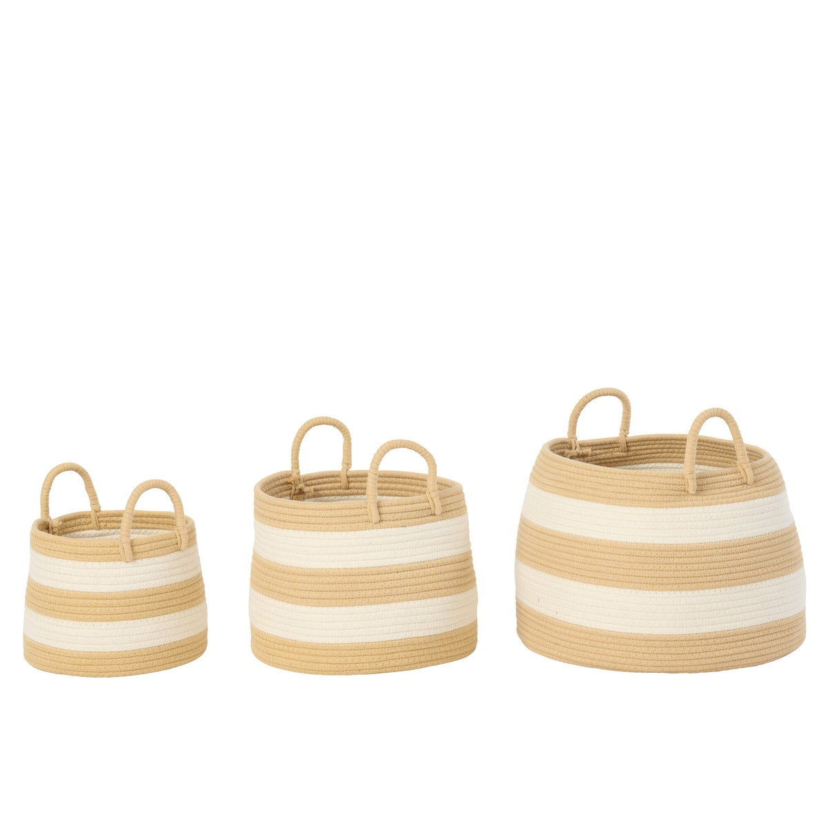 Set di 3 cesti con manico rotondi a righe in poliestere naturale/bianco J-Line