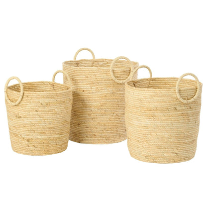 Set di 3 cesti rotondi con manico color mais naturale J-Line