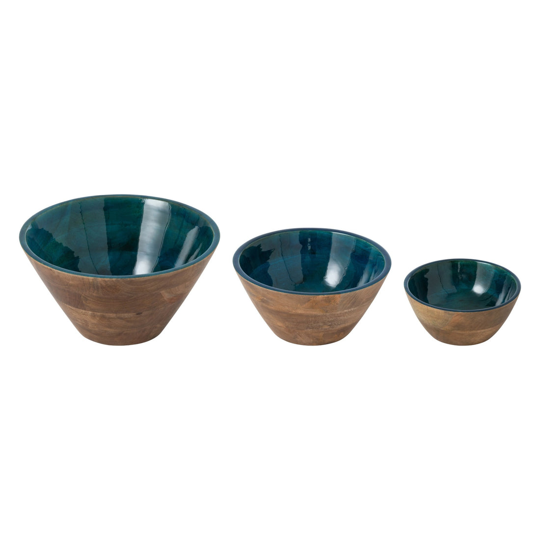 Set Van 3 Schalen Mangohout Petrol/Naturel van J-Line, de complete set met alle drie de schalen naast elkaar op witte achtergrond