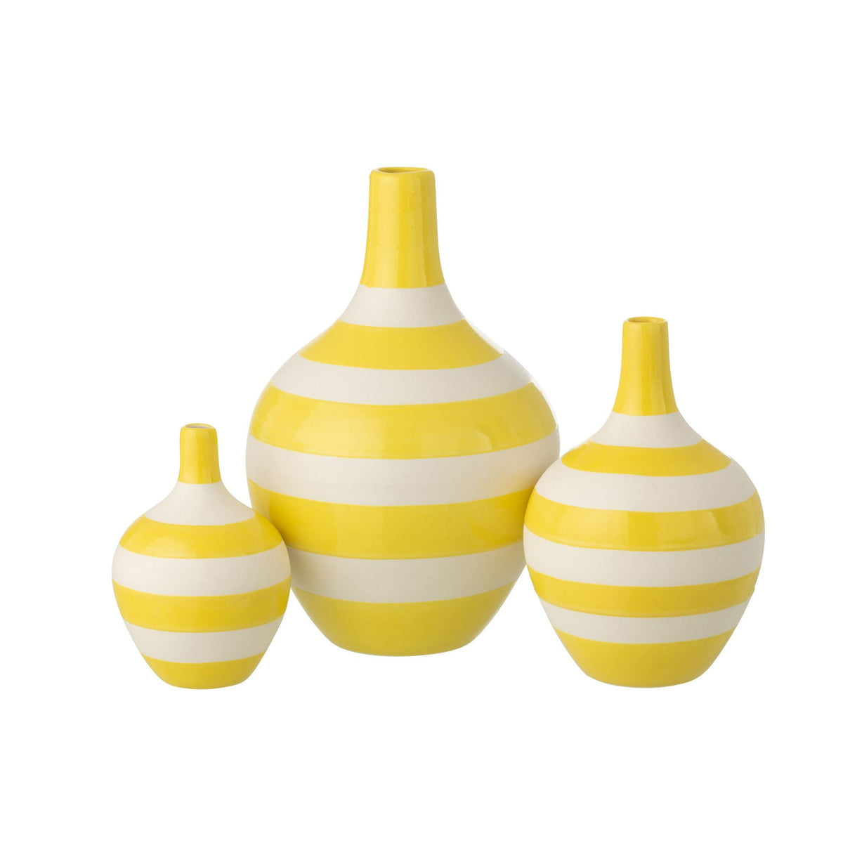Set di 3 Vasi in Porcellana Rigati Bianchi/Gialli J-Line