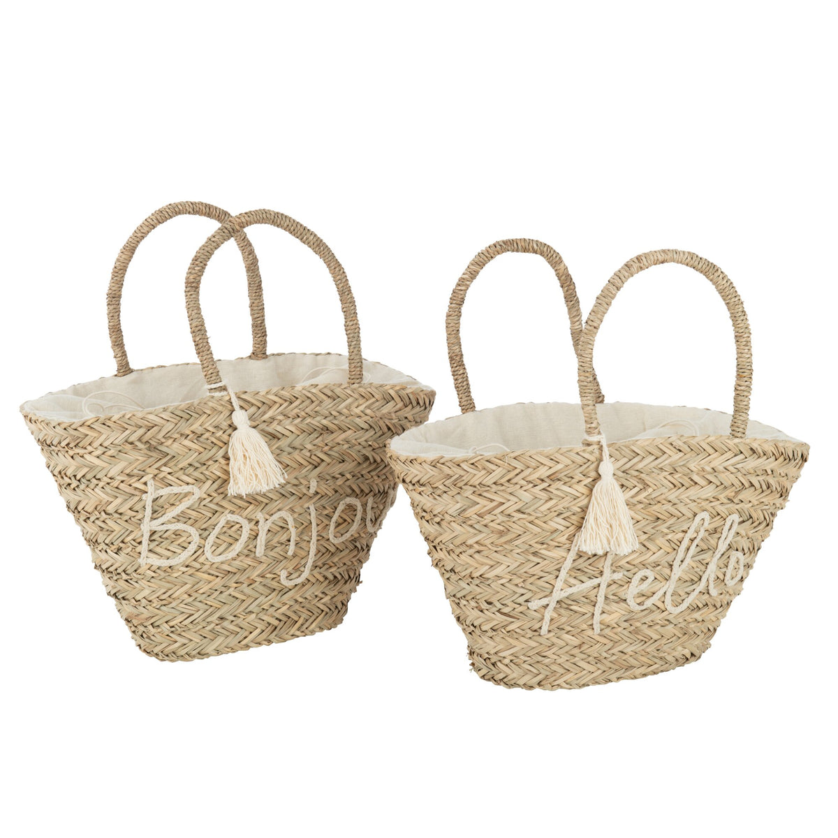 Borsa da spiaggia Bonjour/Hello con nappa in juta naturale/bianca, assortimento di 2 J-Line