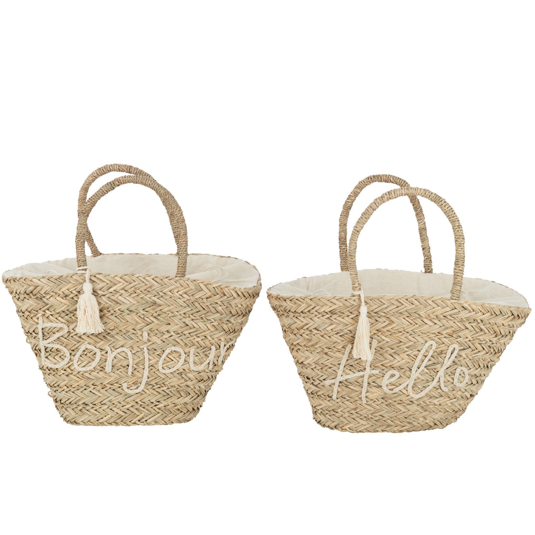 Borsa da spiaggia Bonjour/Hello con nappa in juta naturale/bianca, assortimento di 2