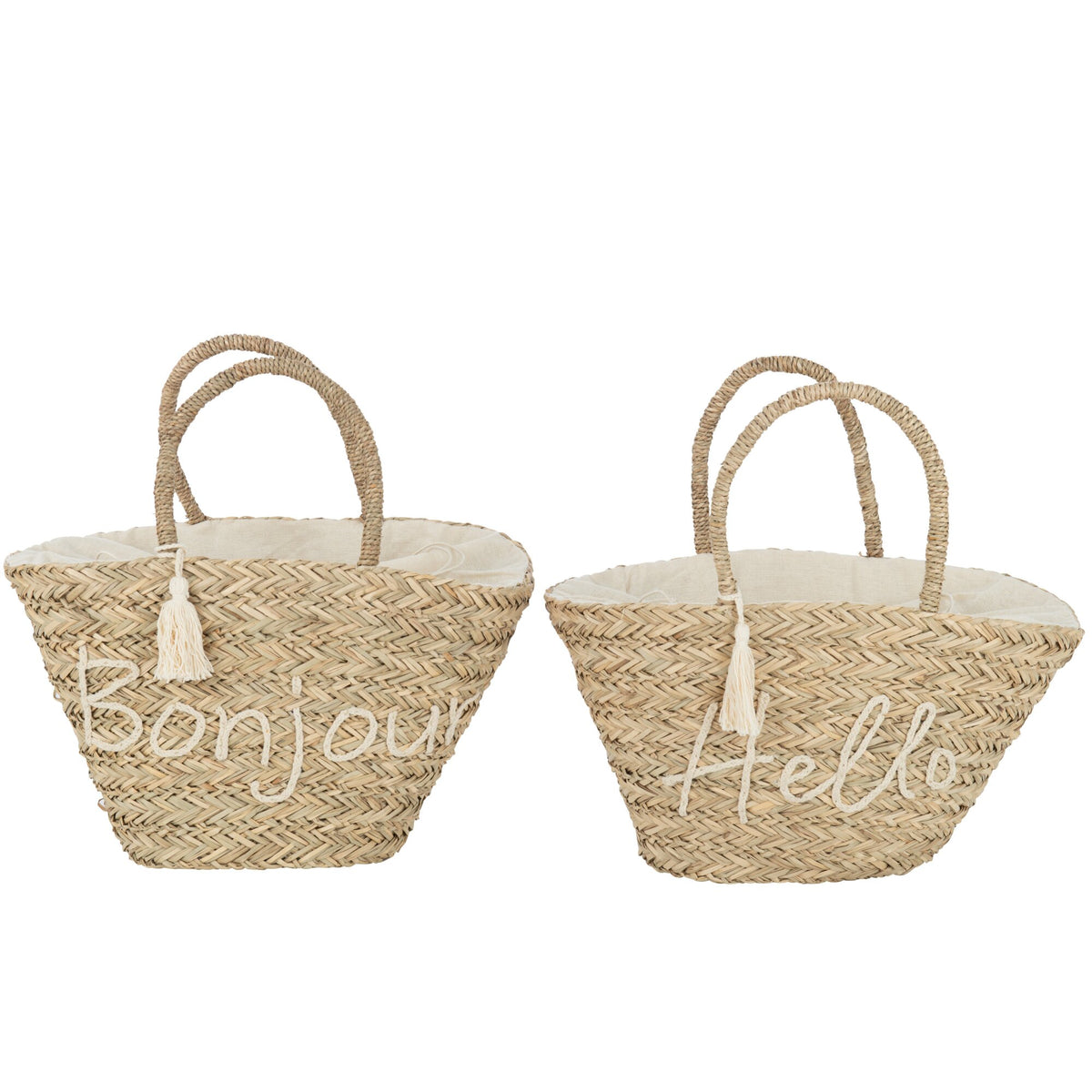 Borsa da spiaggia Bonjour/Hello con nappa in juta naturale/bianca, assortimento di 2 J-Line