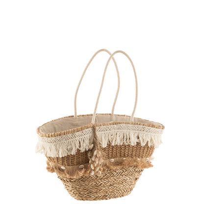 Borsa da spiaggia in paglia con nappe in juta naturale/ecru J-Line