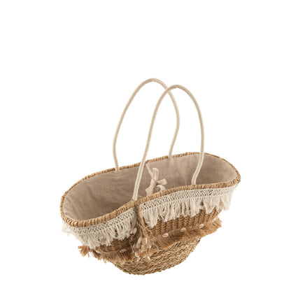 Borsa da spiaggia in paglia con nappe in juta naturale/ecru J-Line