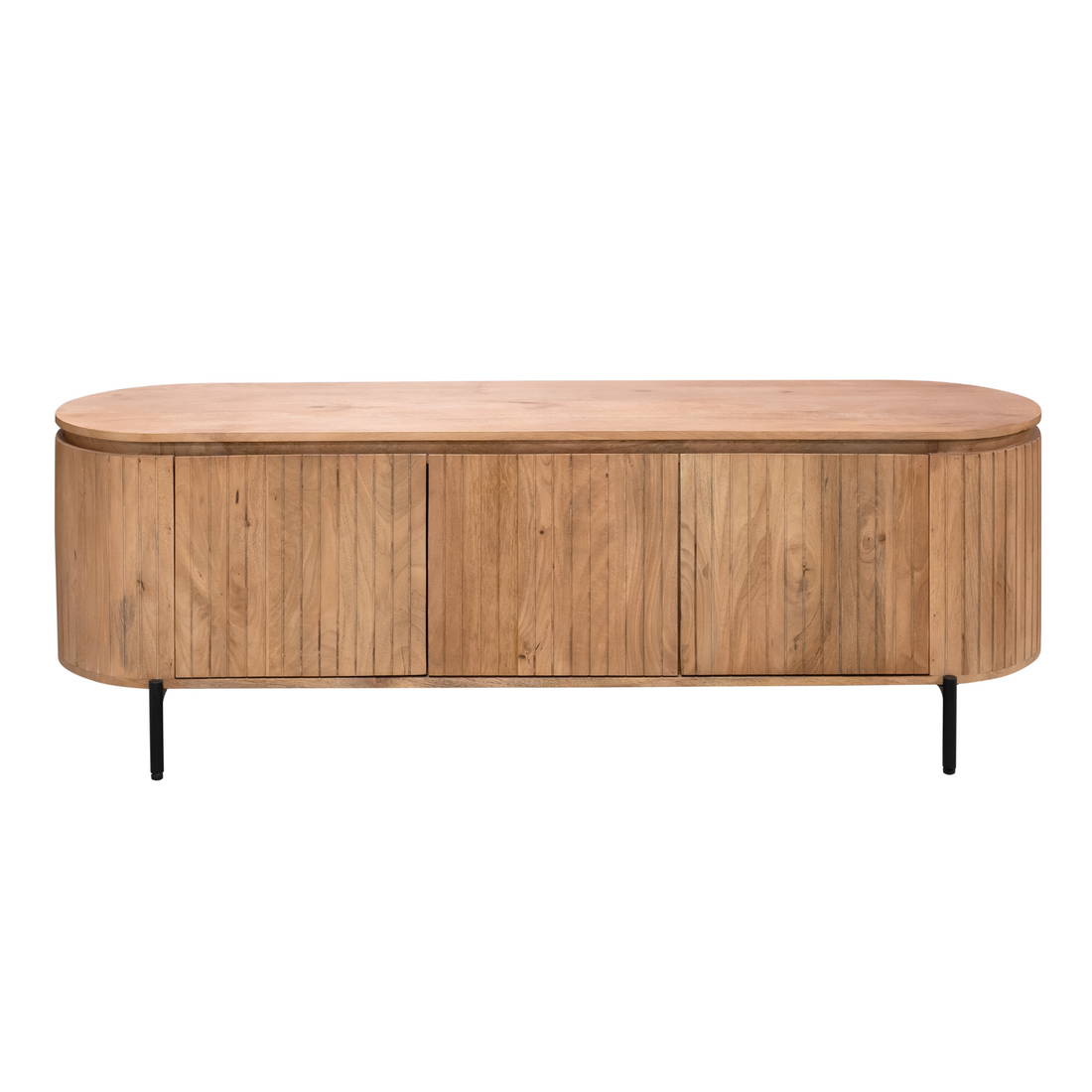 Tv Meubel Solana Naturel 165cm van Starfurn, mangohouten meubel met verticaal lattenpatroon, vooraanzicht