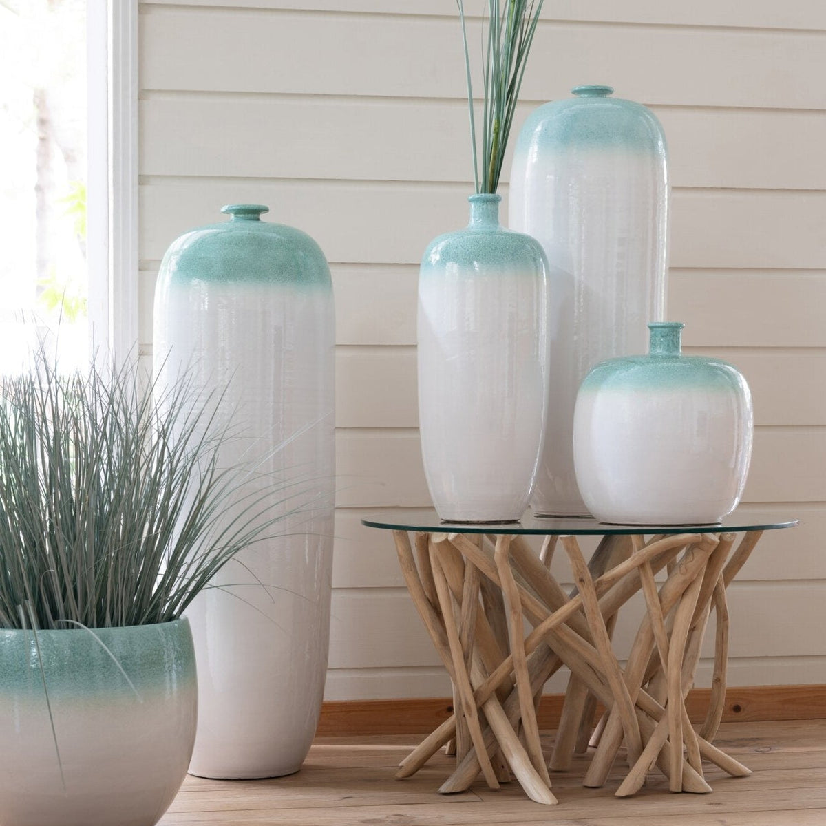 Vaso da terra in ceramica verde menta/bianco, medio, J-Line