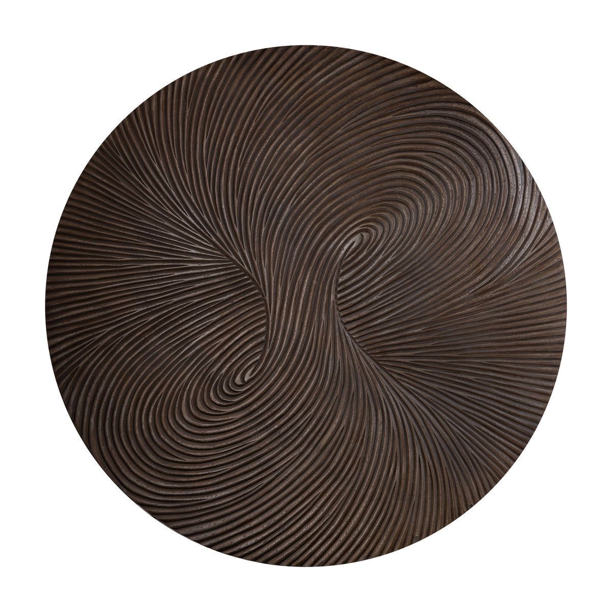 Wandpaneel Wiktor Rond Bruin Ø180cm van PTMD, vooraanzicht van het grote bruine MDF paneel met swirlreliëf