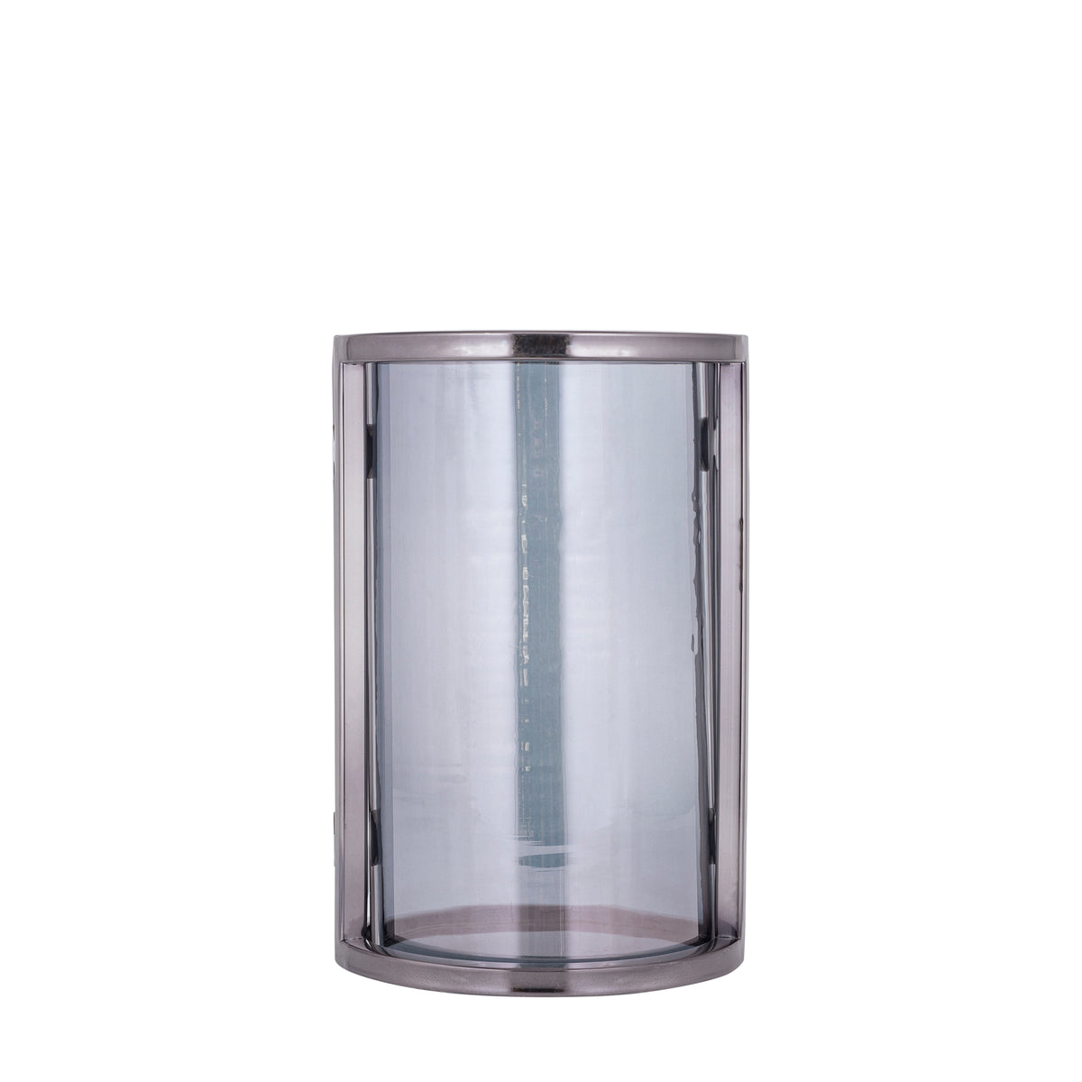 Windlicht Jarie Gunmetal Small van PTMD, klein windlicht met roestvrijstalen frame op witte achtergrond