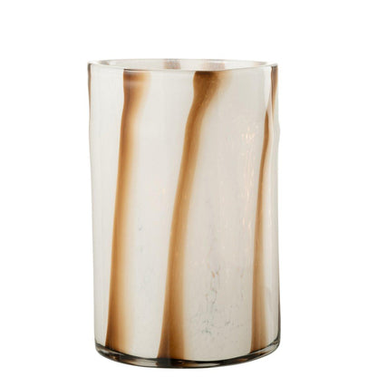 Windlicht Strepen Safari Glas Wit/Bruin Large - Windlicht - J-Line - livinglovely.nl