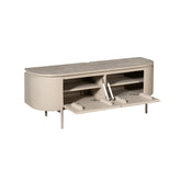 Open klepdeuren van het zandkleurige tv-meubel Excellent, zicht op de opbergruimte